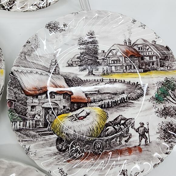 VTG Yorkshire Staffordshire Ironstone Bread Plates Set 4 Farm Scene England - Picture 4 of 9